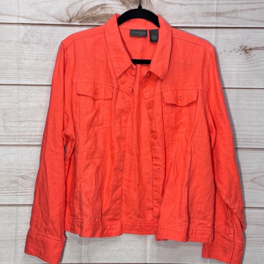 Relativity Petite Coral Orange 100% Linen Button Front Jacket Size PL